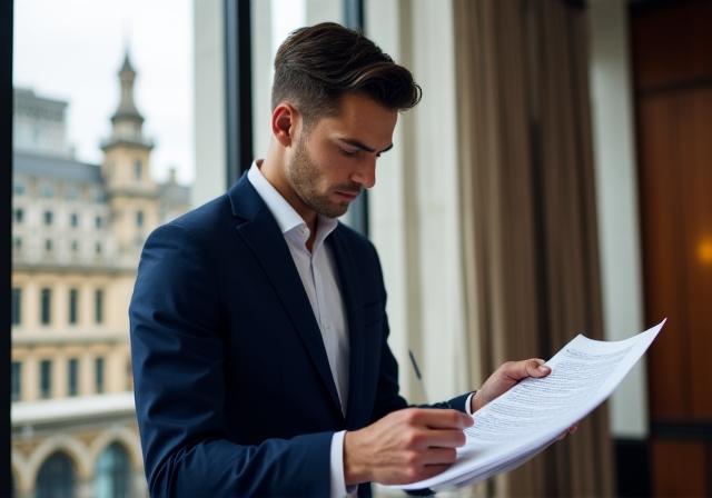 Senior legal professional reviewing a contract in a London office